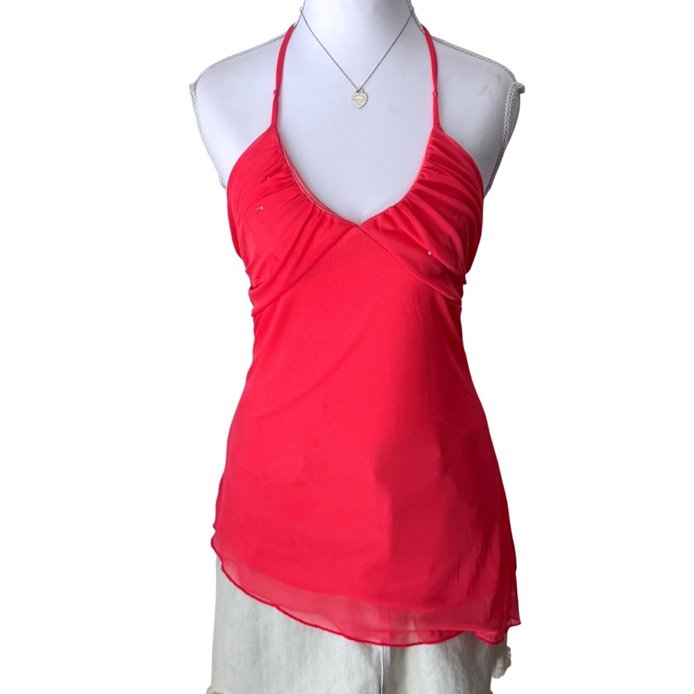 La Belle Pink Mesh Sequin Halter Top Barbiecore Y2K Asymmetrical Hem Small